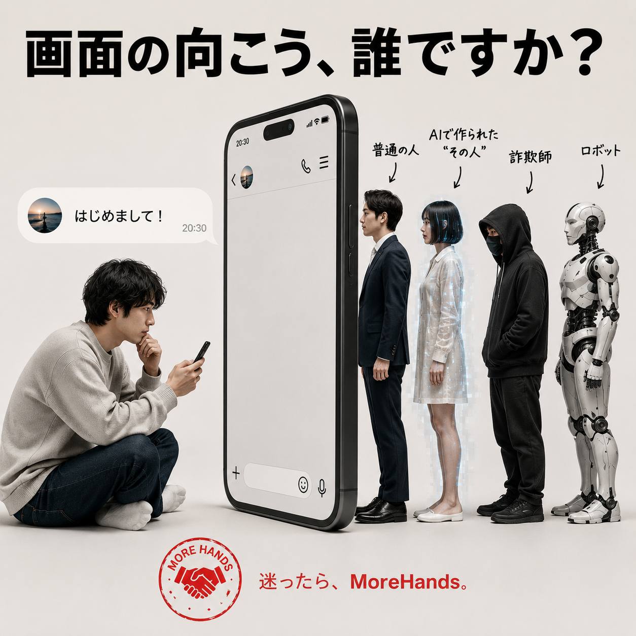 画面の向こうにいる相手が、本人、AIで作られた人物、詐欺師、ロボットのいずれかを問いかける図